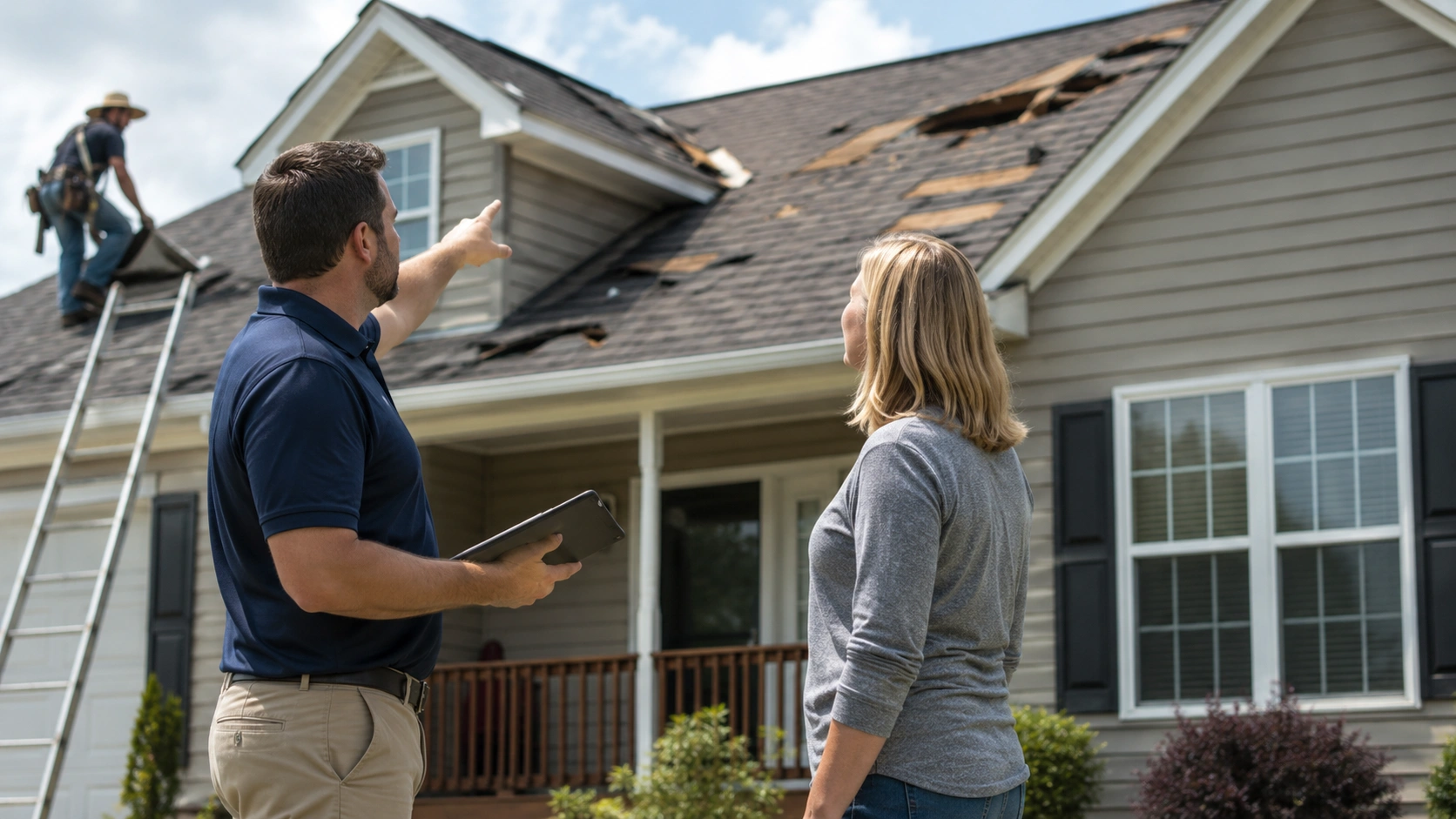 Roofing professional explaining storm damage to a homeowner while another contractor inspects the roof