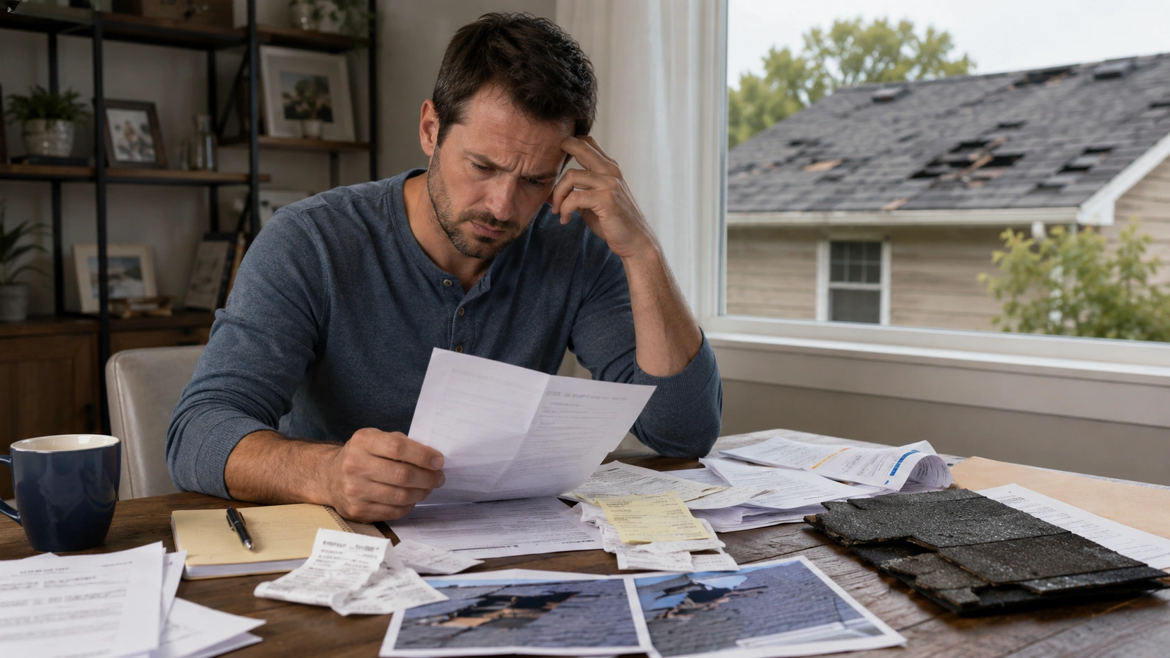 Homeowner reviewing roof damage documents, receipts, and photos for an insurance claim