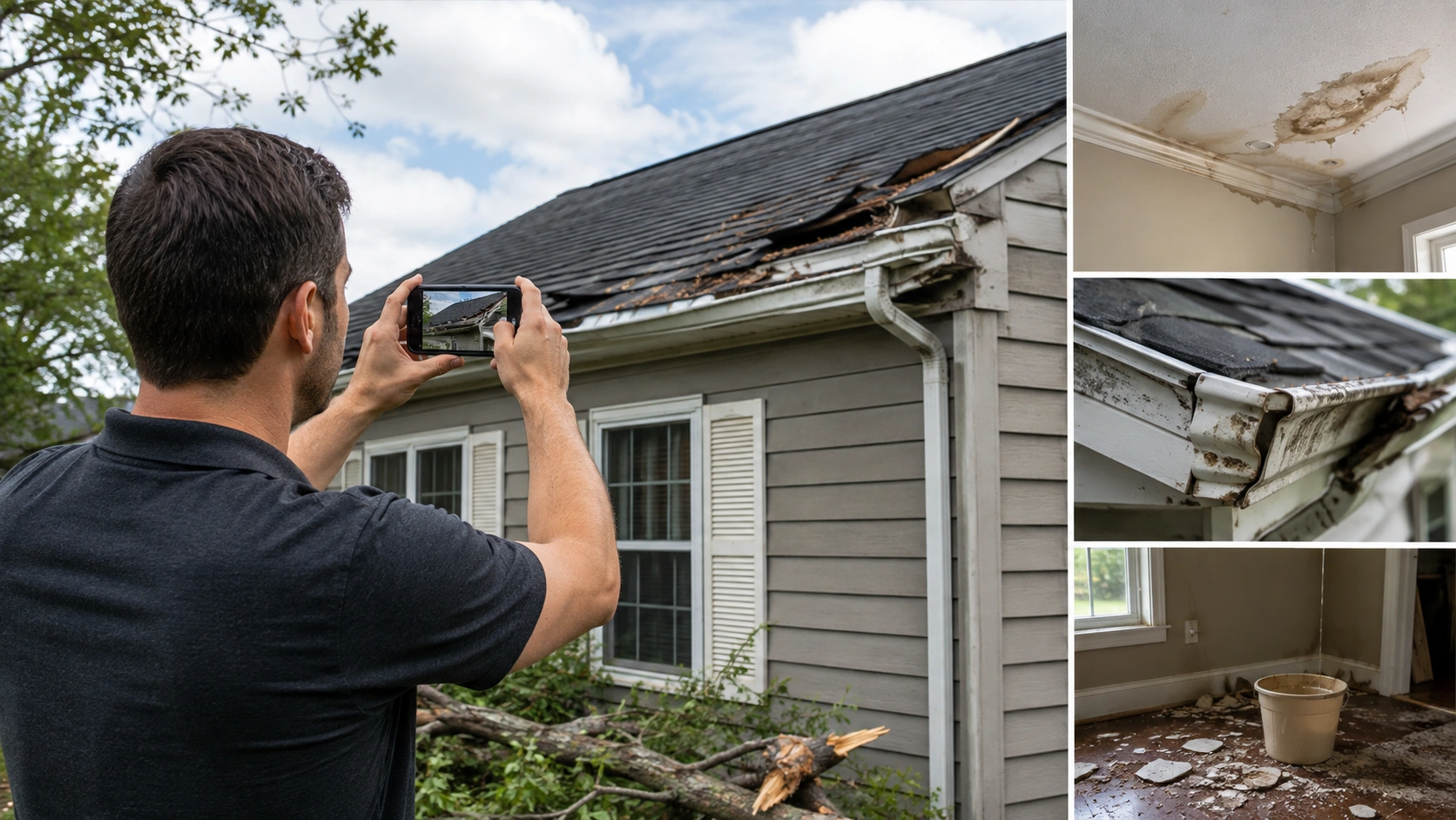 Homeowner photographing roof, gutter, ceiling, and interior water damage for an insurance claim