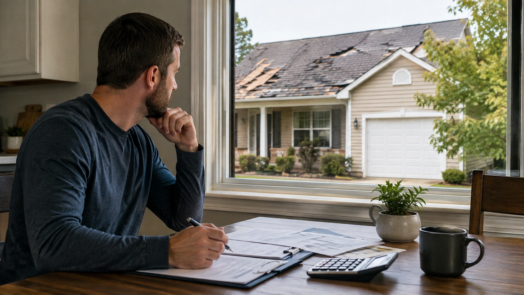 Homeowner reviewing insurance paperwork while looking through a window at a storm-damaged roof