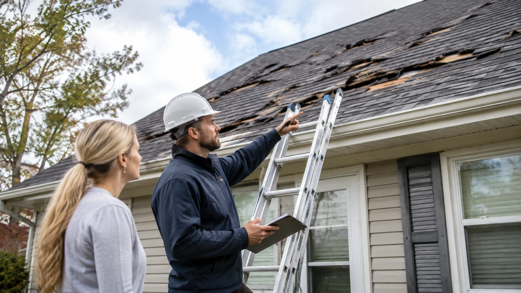 Roof Insurance adjuster showing storm-related roof damage to a homeowner during an exterior inspection