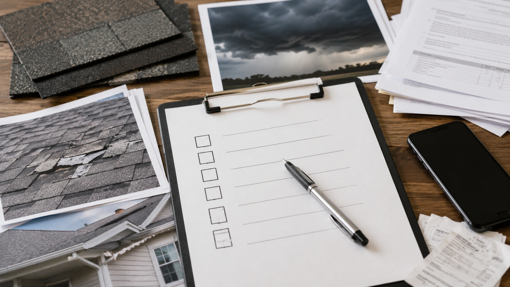 Roof insurance claim checklist beside storm damage photos, roofing samples, receipts, and claim documents