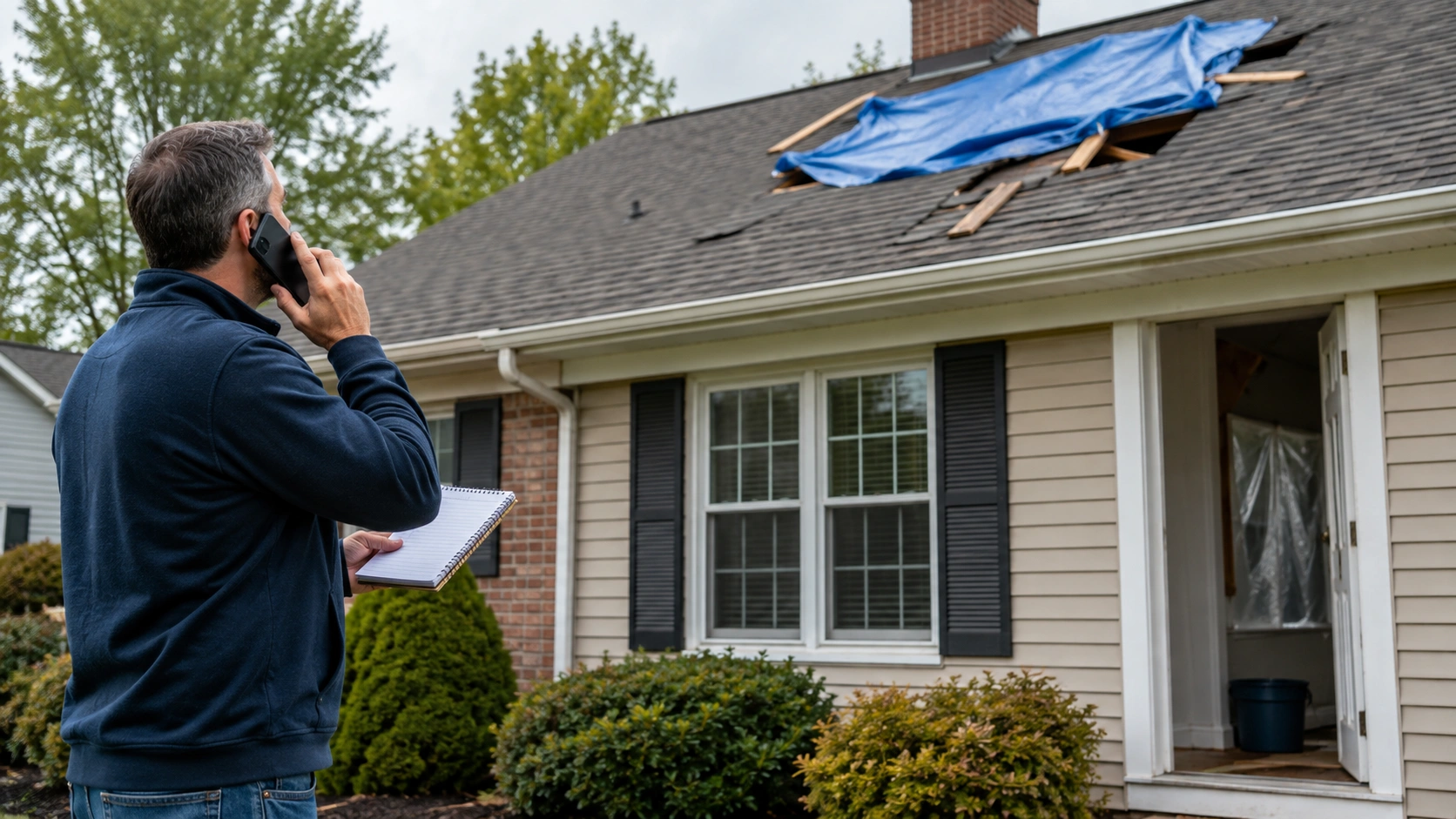 Homeowner reporting roof damage while a temporary blue tarp protects the storm-damaged area