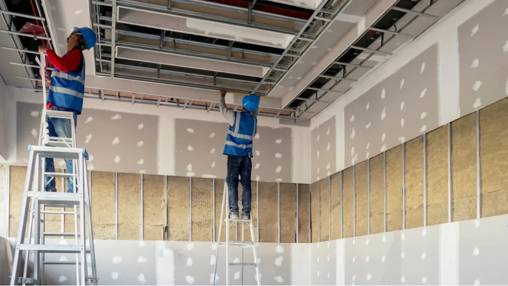 Contractors installing drywall and ceiling framing