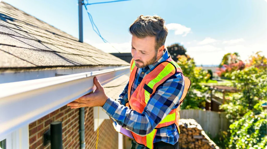 Roofing professional inspecting gutters and roof shingles