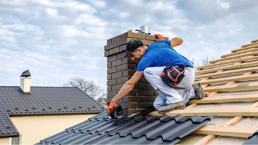 Roofer installing metal roofing around chimney