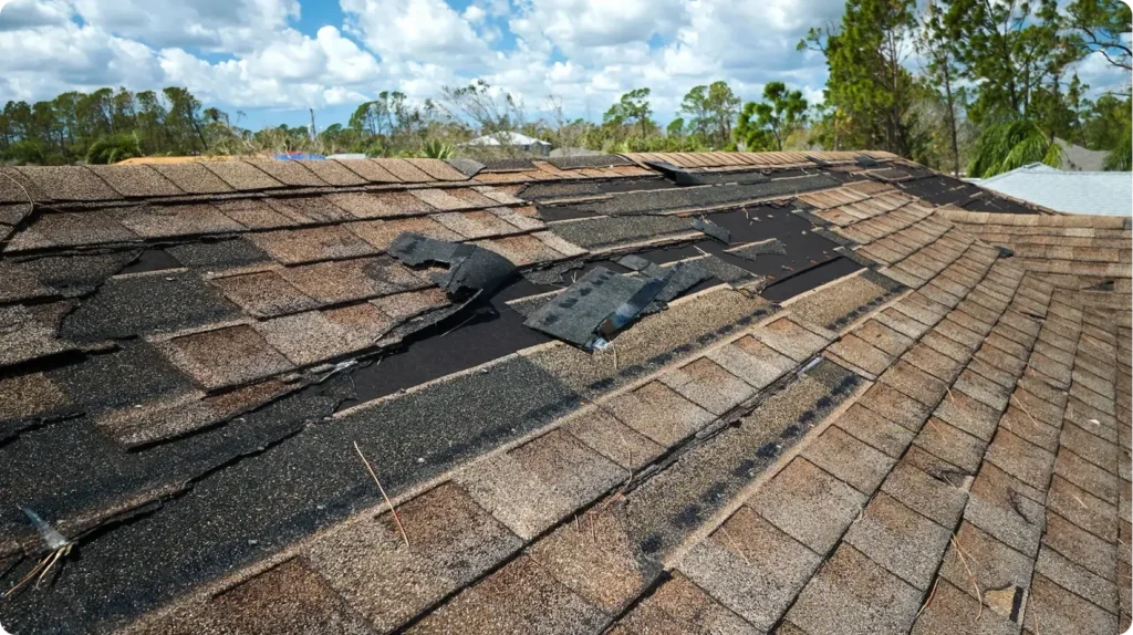 Storm damaged roof with missing and broken shingles