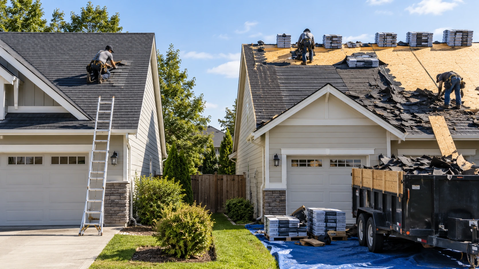 Residential roof repair versus full roof replacement on two neighboring homes, showing the difference between a small repair and a complete reroofing project.