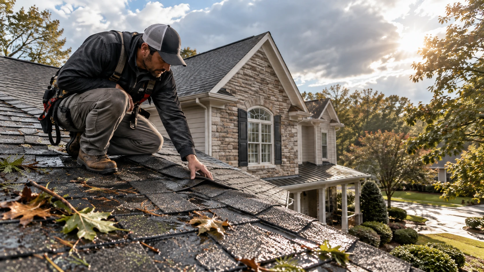Roofer inspecting wet and storm-damaged shingles after severe weather in Charlotte