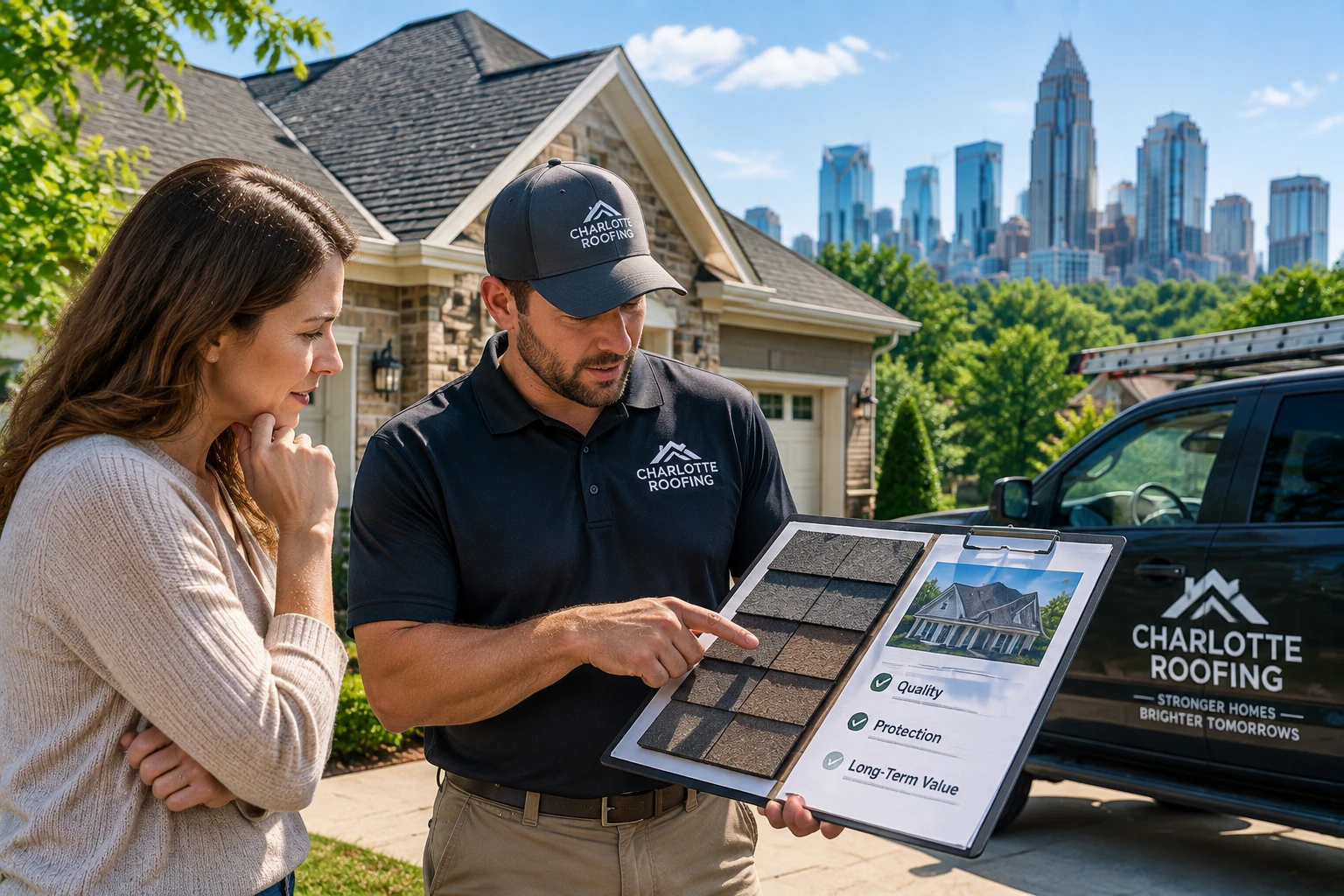 Homeowner discussing roofing options with a contractor