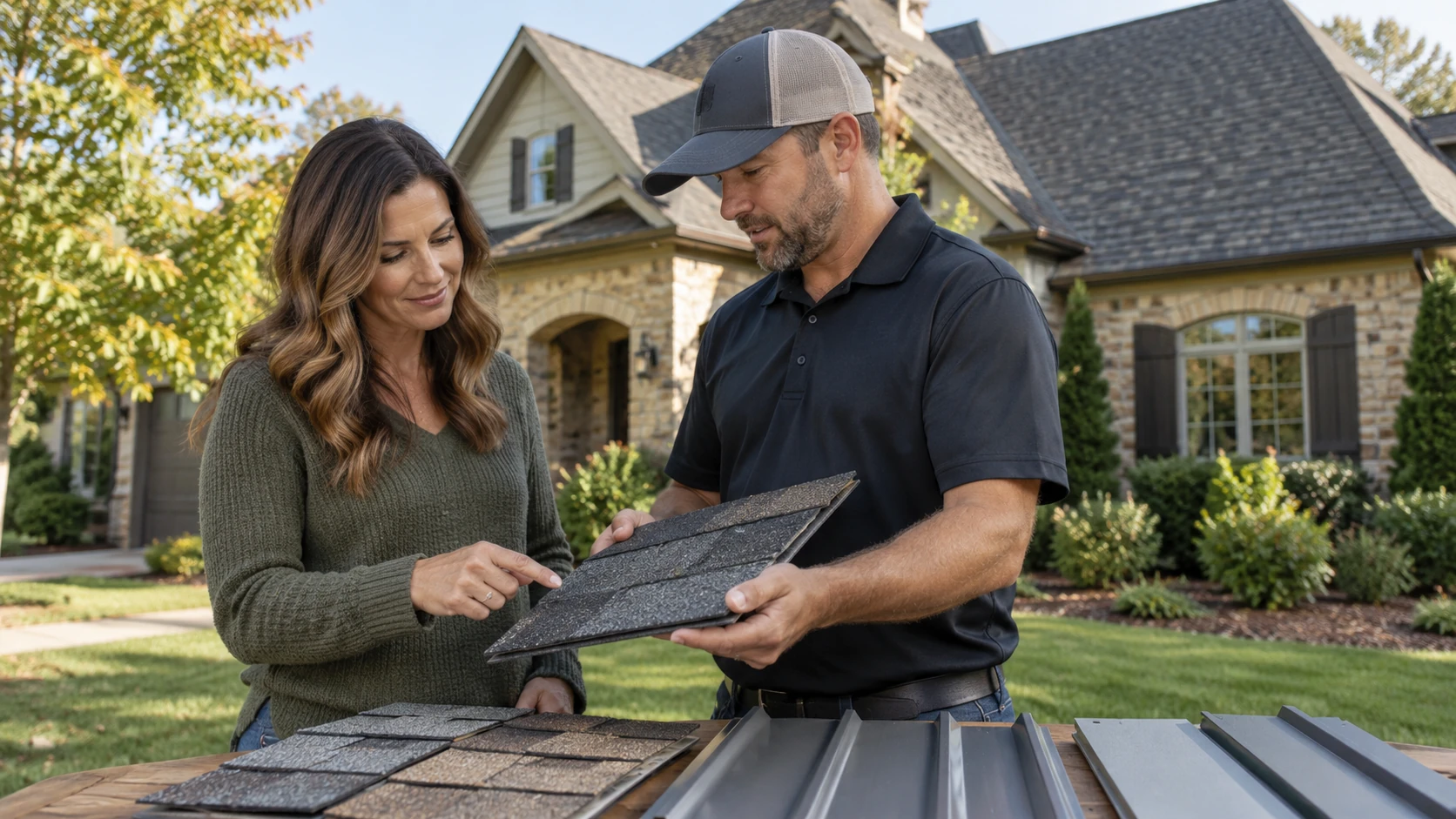 Homeowner and roofing contractor comparing asphalt shingles and metal roofing options