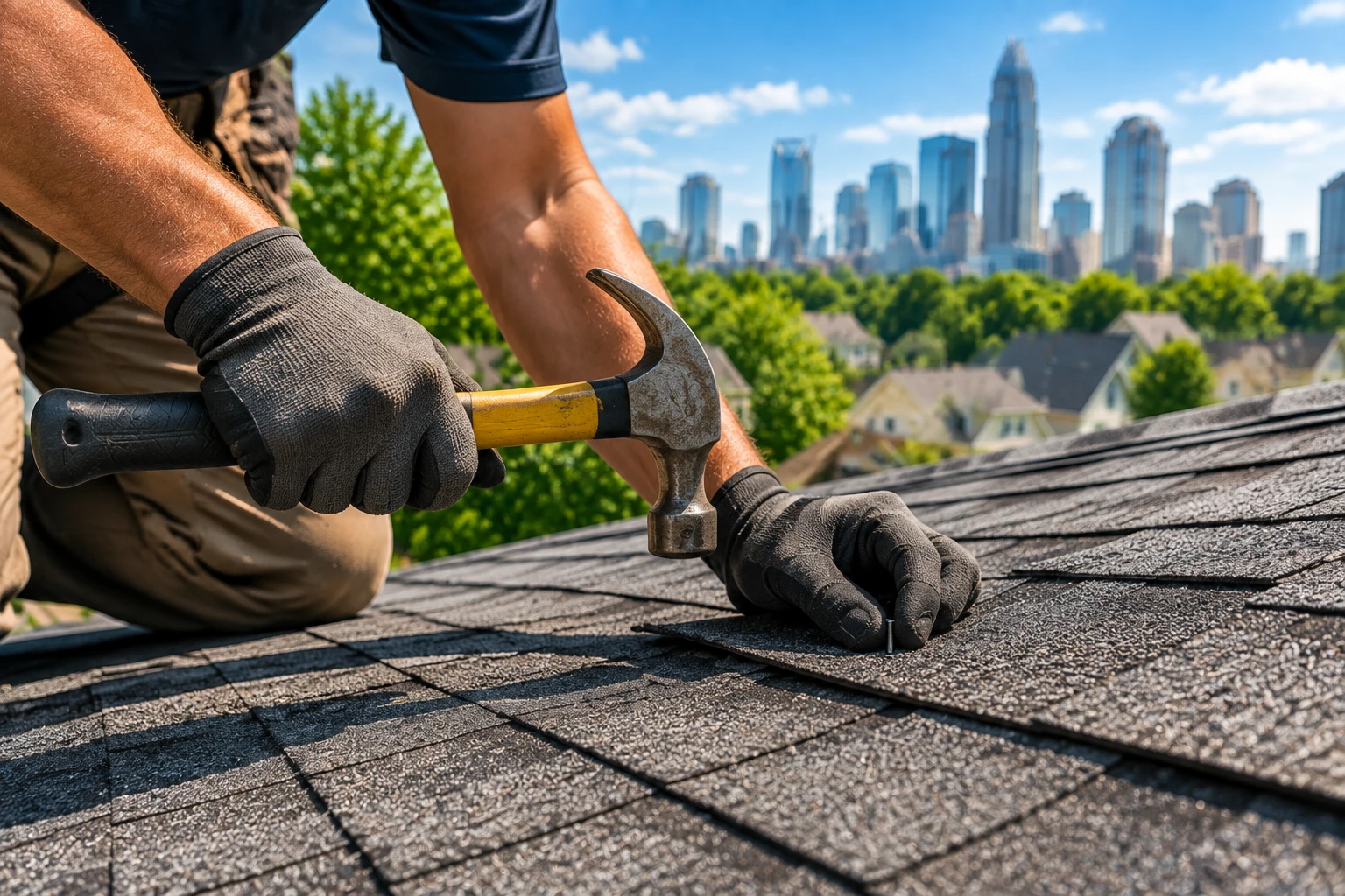 Roofer repairing damaged shingles on a Charlotte residential roof