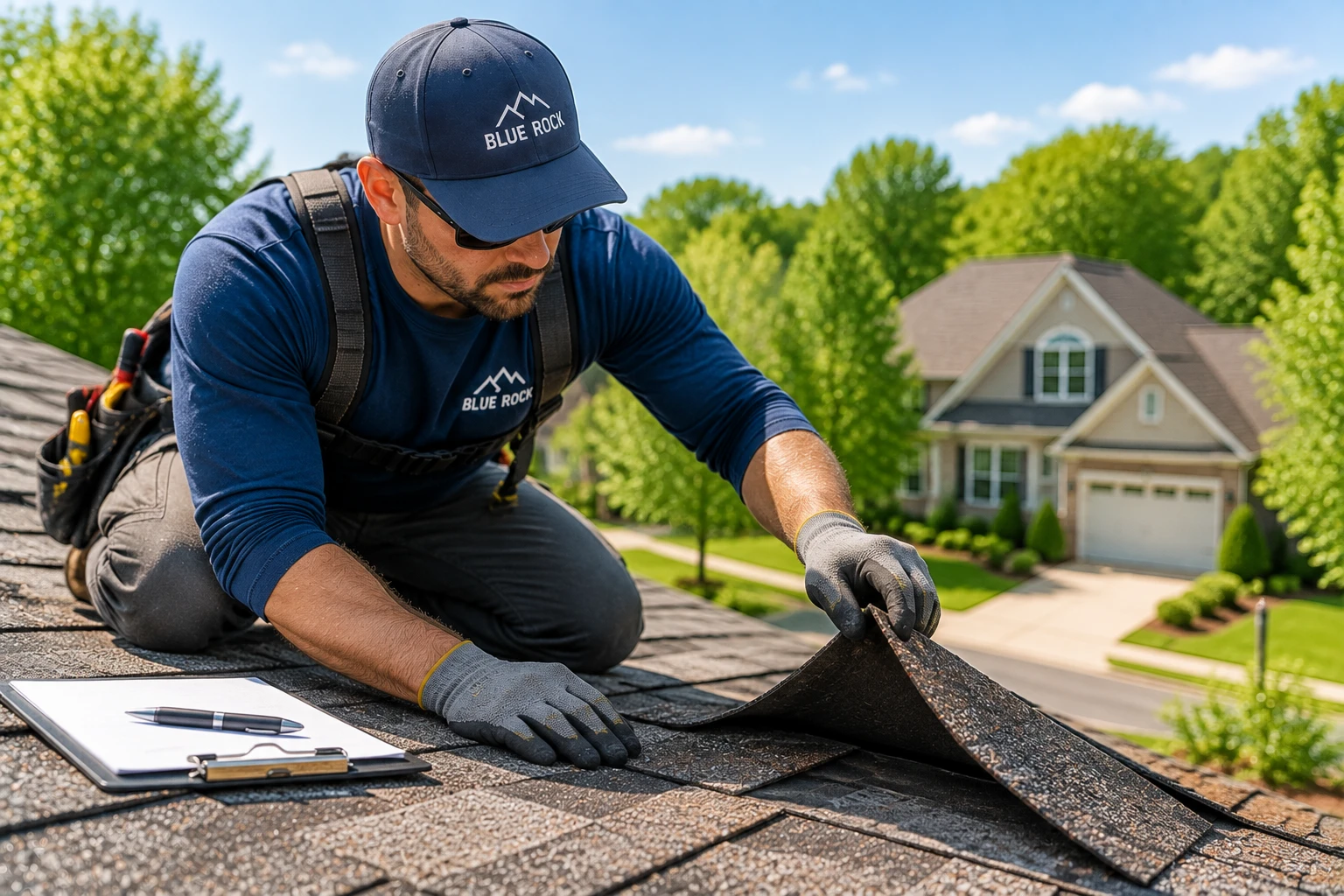Roofing professional checking damaged roofing areas during inspection