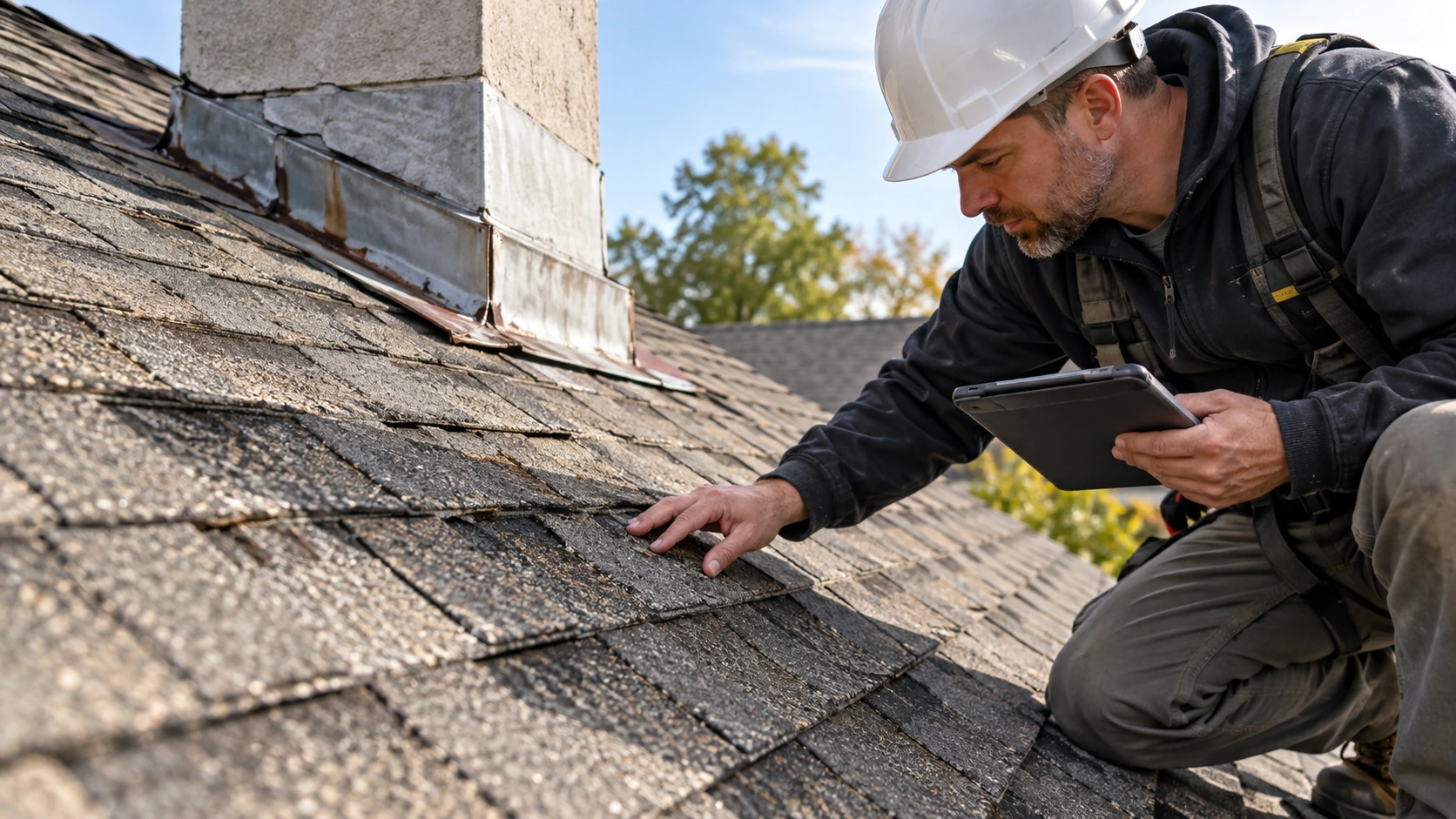 Professional roofing inspector examining shingle condition and flashing on a residential roof to evaluate roofing material wear.
