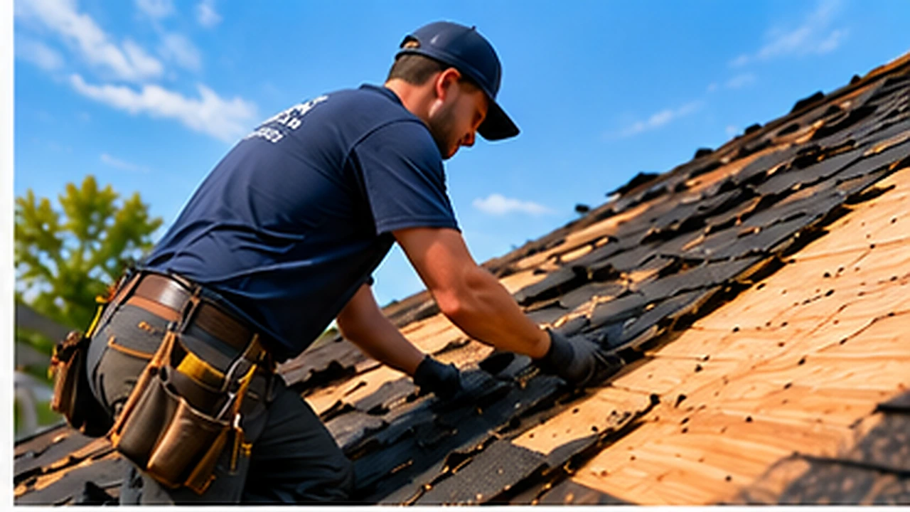 Roofer removing old shingles during roof tear-off