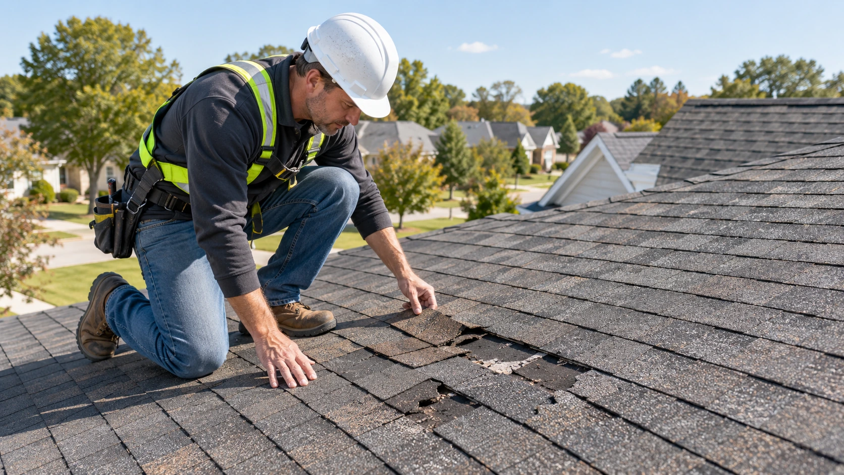 Roofing contractor inspecting a localized damaged section of asphalt shingles to evaluate the extent of roof damage.