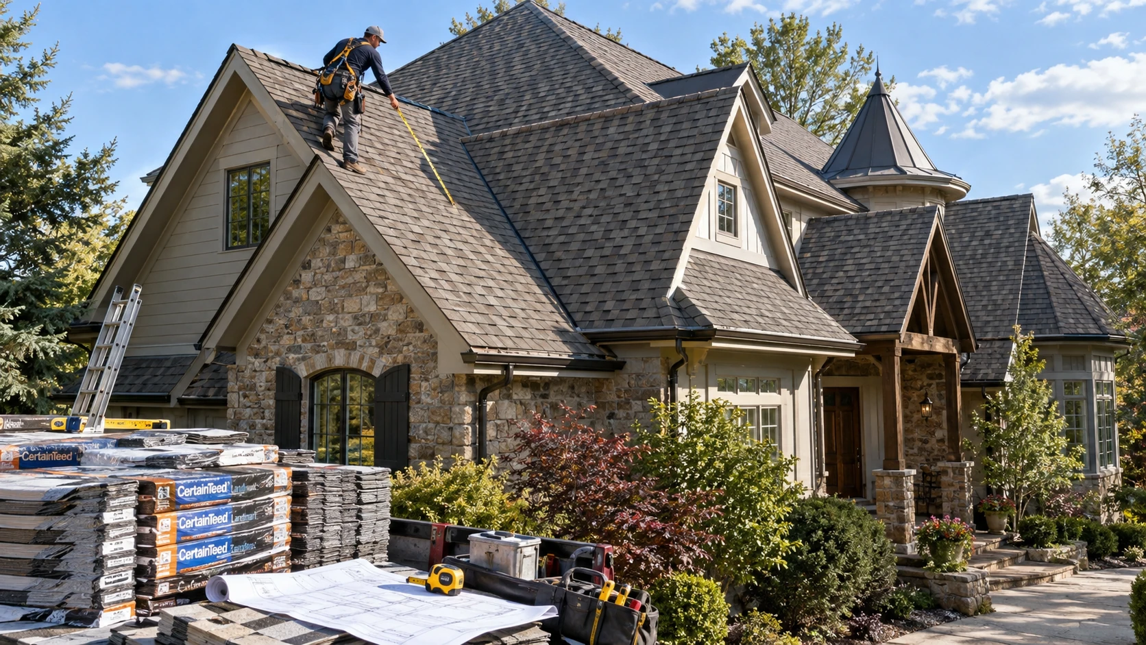 Roofer measuring a residential roof to determine factors affecting replacement cost