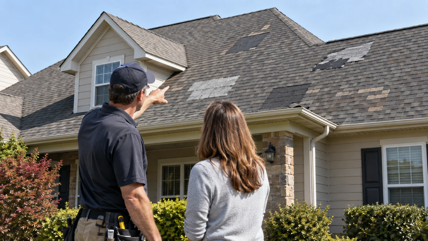 Homeowner and roofing professional reviewing a roof with multiple patched areas, showing signs of repeated repairs and larger roofing issues.