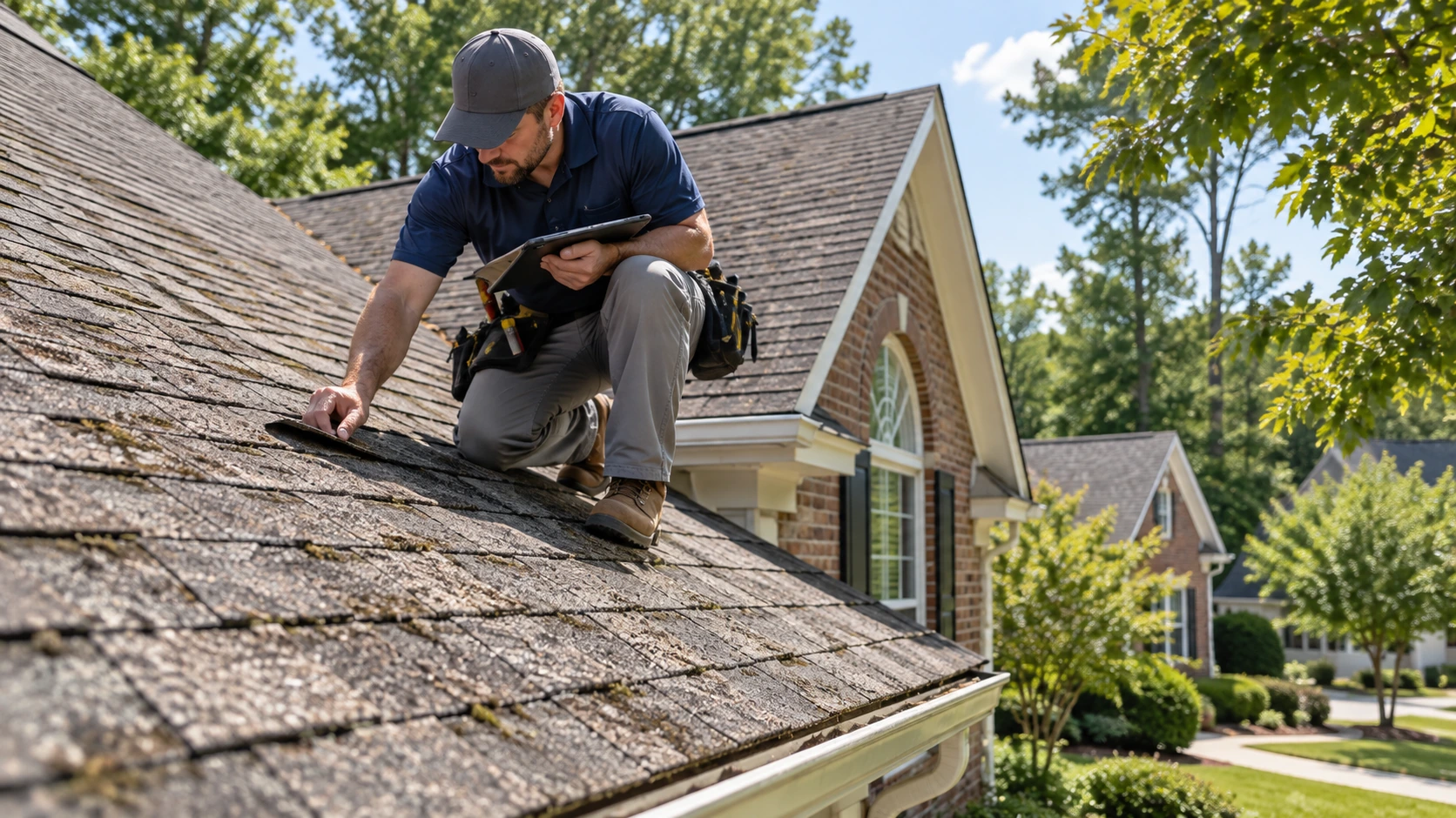 Professional roofer inspecting the condition of an older asphalt shingle roof