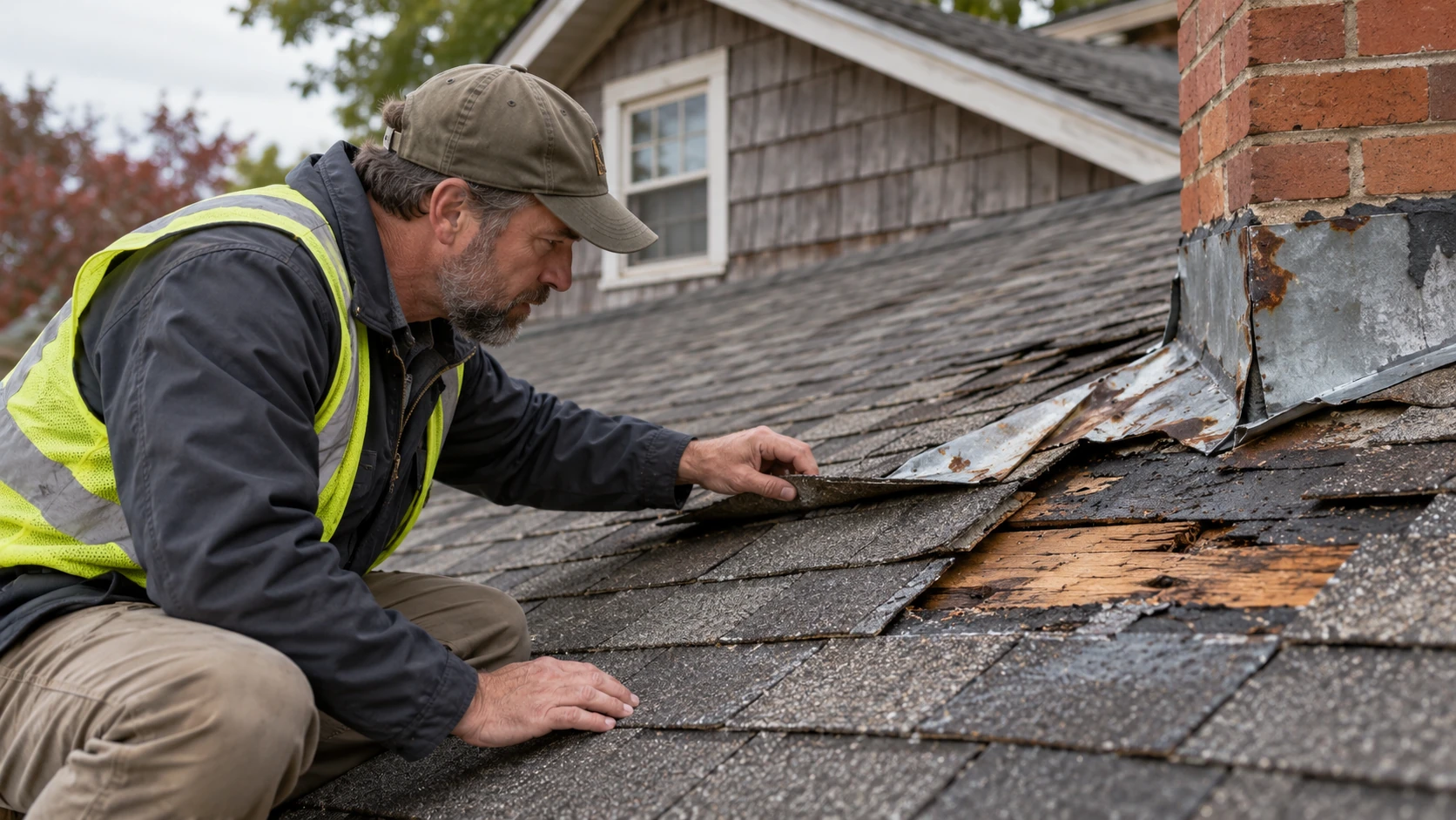 Roofing professional inspecting damaged shingles, flashing, and roof decking before replacement