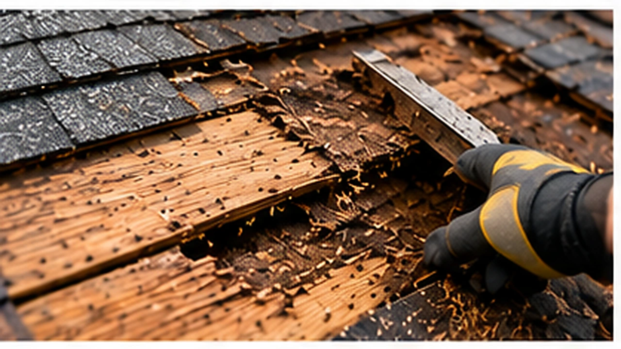 Damaged roof decking discovered beneath old shingles