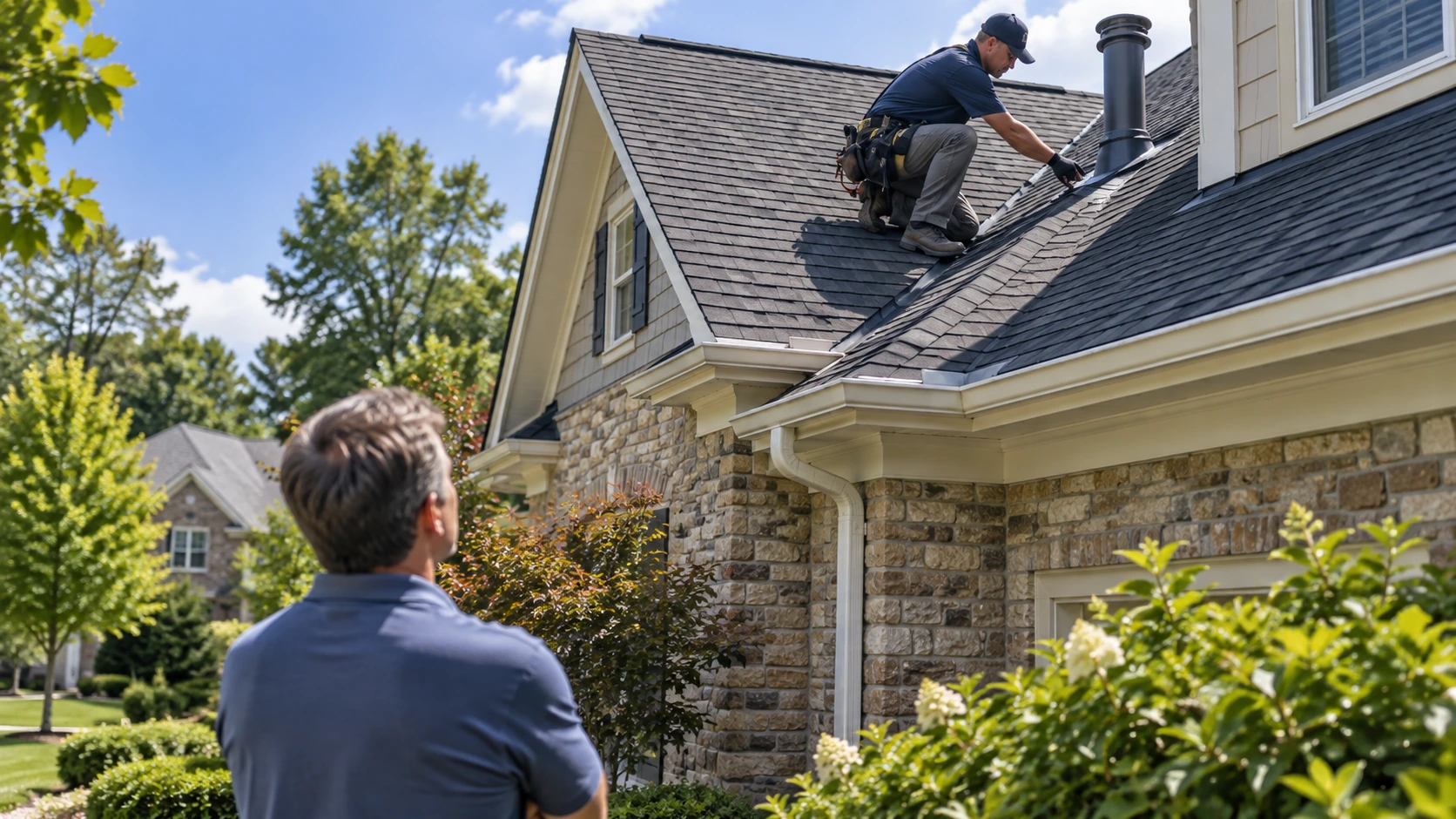 Roofing inspector checking flashing and roof details not visible from the ground