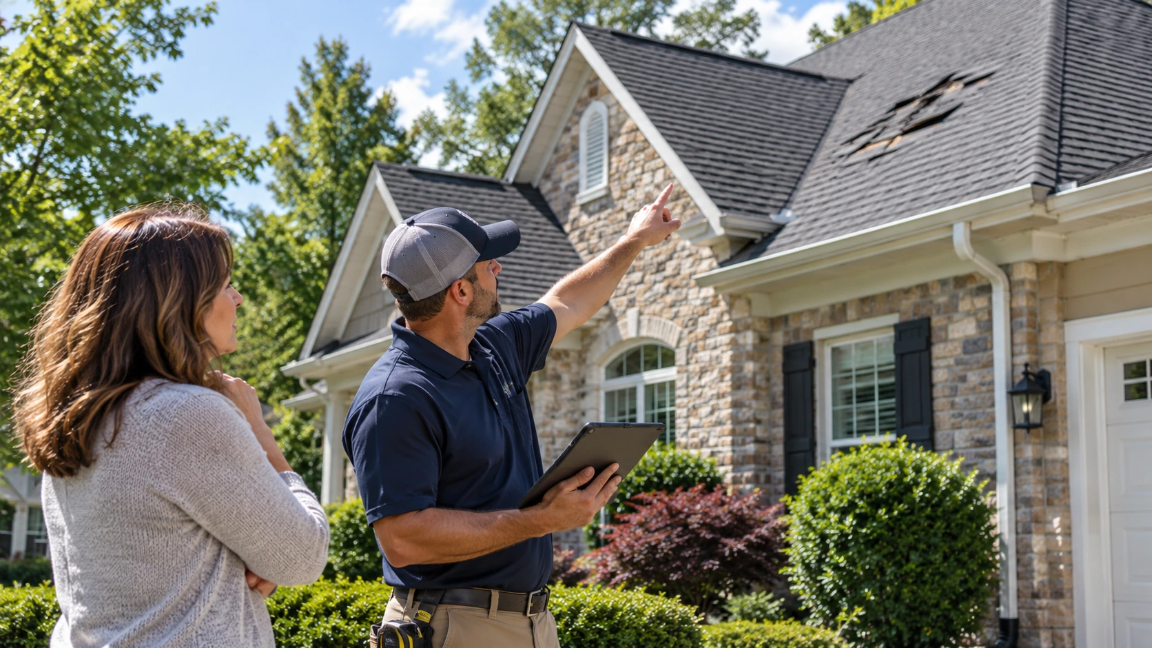Roofing contractor documenting roof damage with a homeowner before an insurance discussion