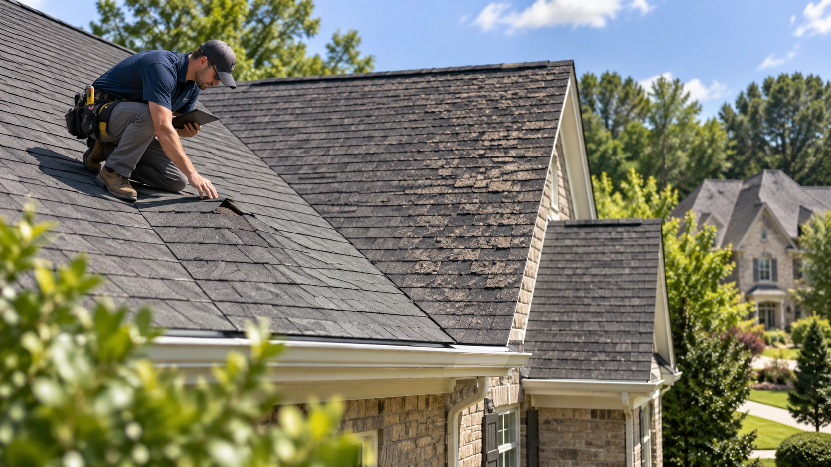 Roofing inspector comparing localized roof damage with widespread shingle wear