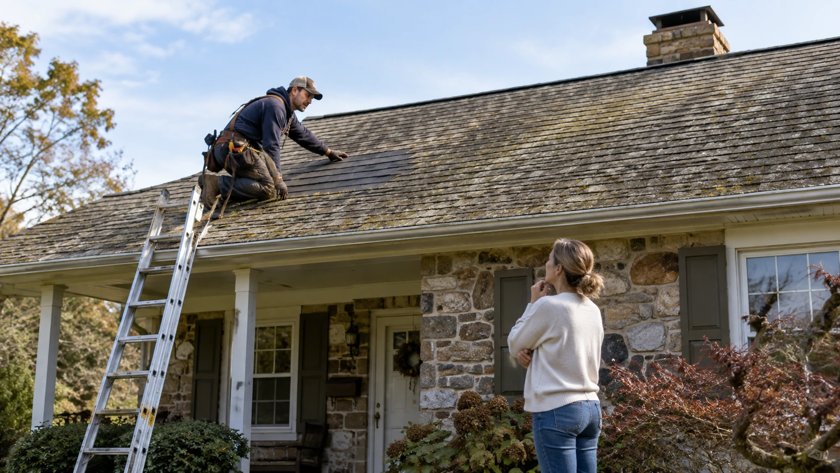 Roofing contractor evaluating an aging roof to determine whether repair or replacement is needed