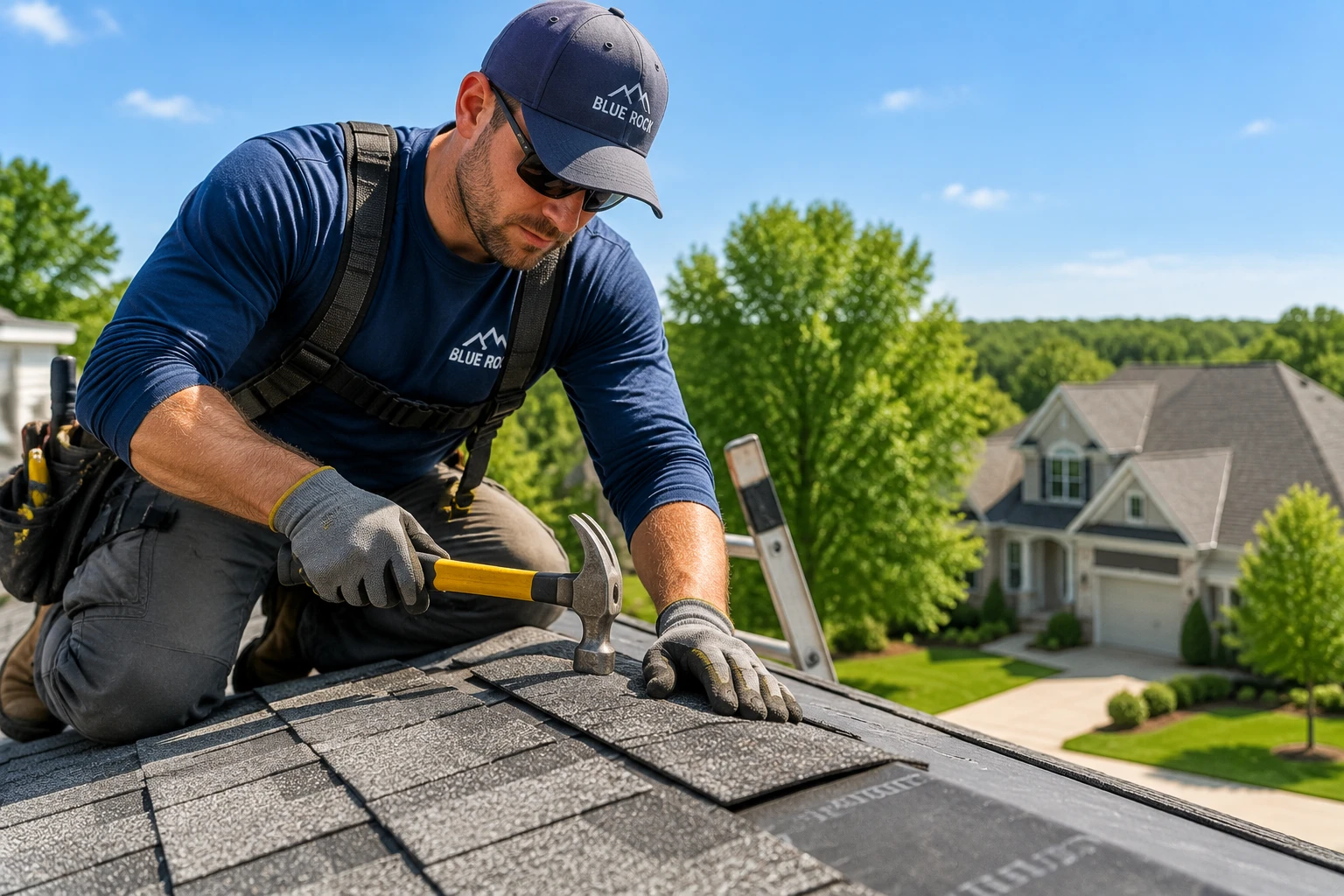 Roofer repairing damaged shingles on a residential roof