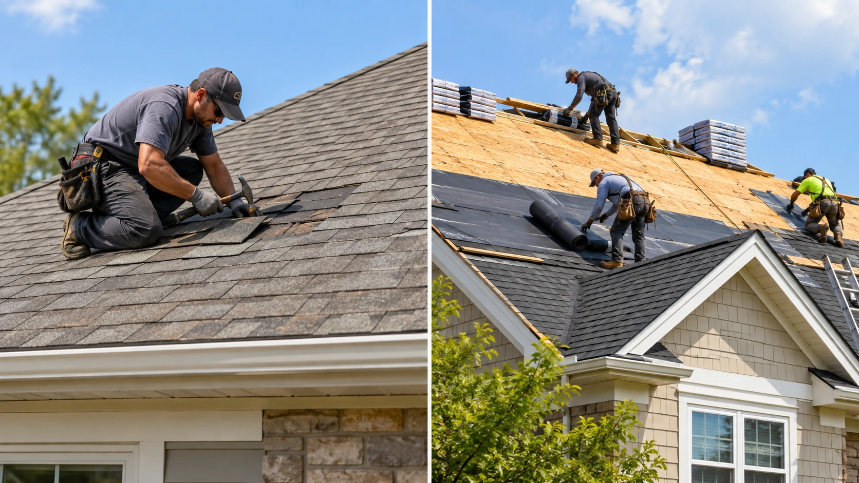 Roof repair vs replacement image showing a residential roofing repair scene compared with a full roof replacement on a suburban home.