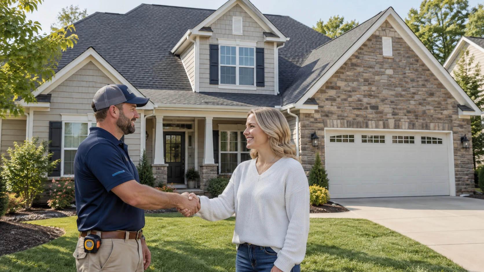 Roofing contractor and homeowner completing a roof replacement consultation in Charlotte NC