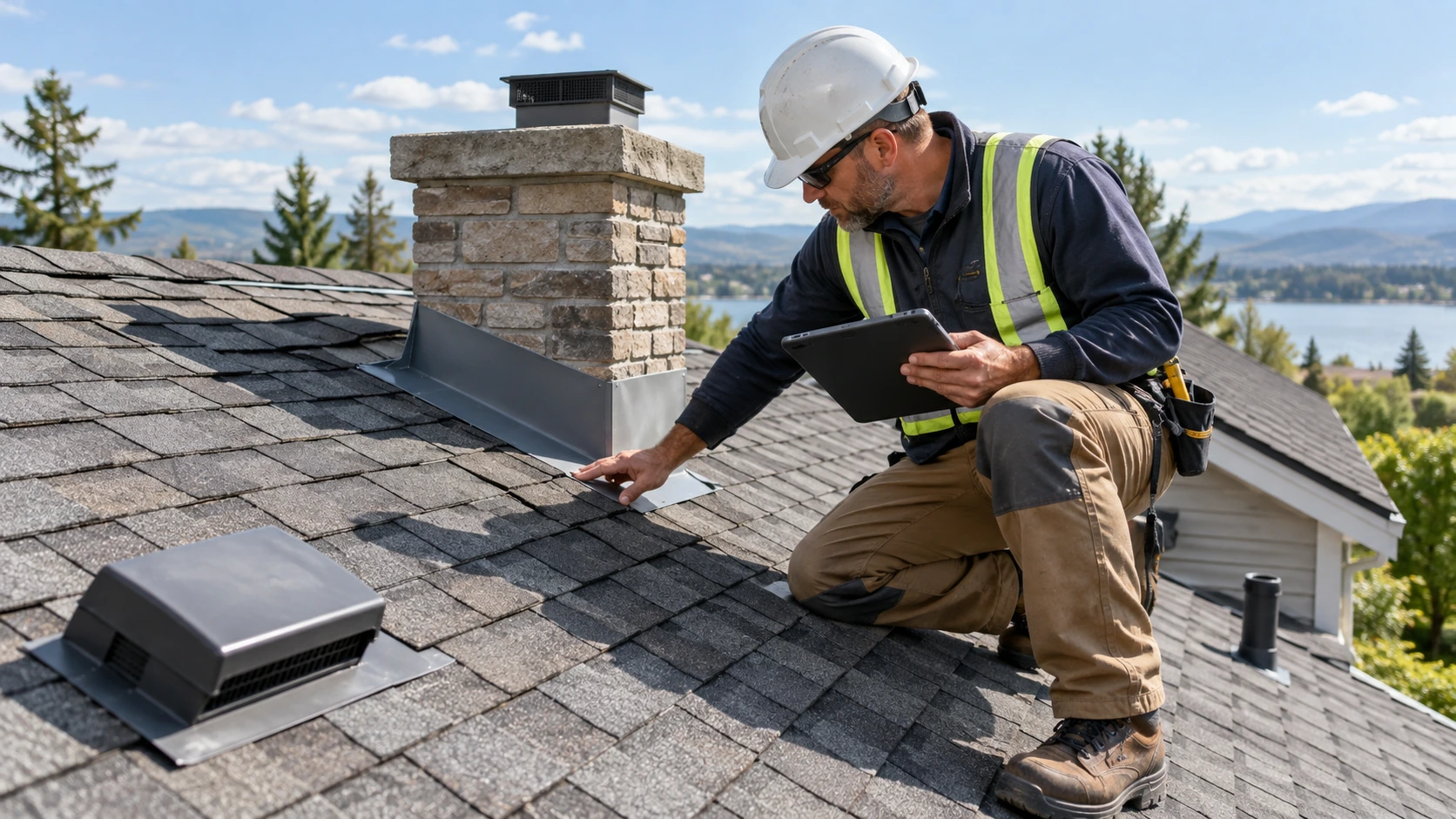 Roof inspector kneeling on a residential roof with a tablet while checking shingles and flashing during a professional inspection.