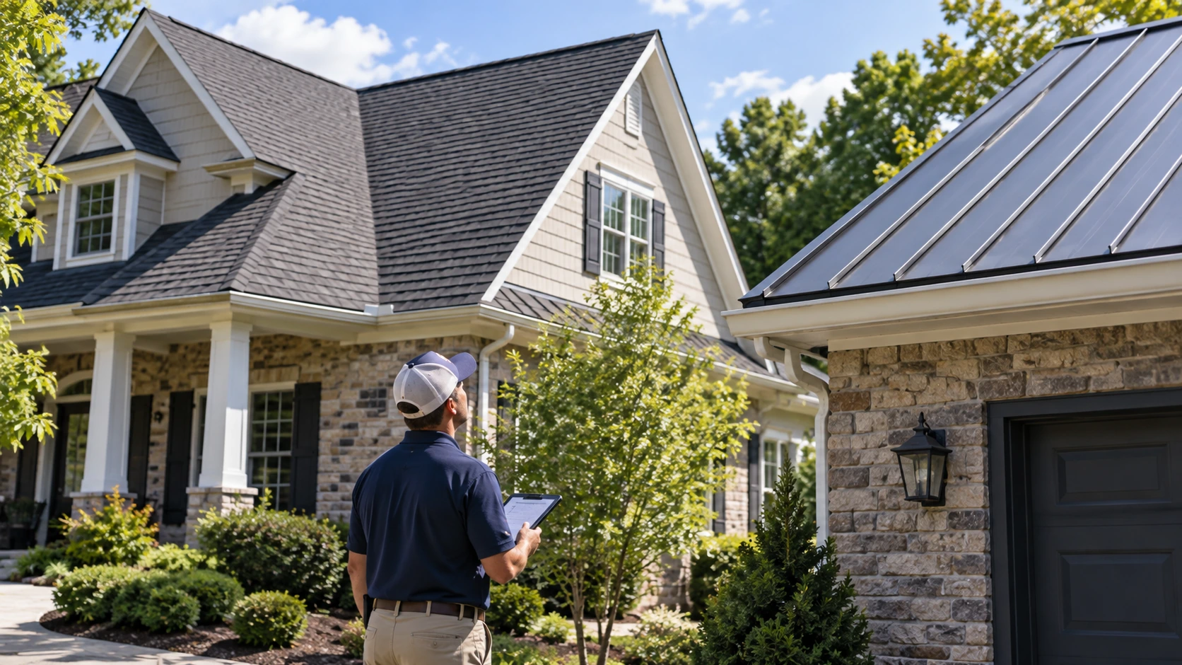 Roof inspector evaluating asphalt shingles and standing seam metal roofing