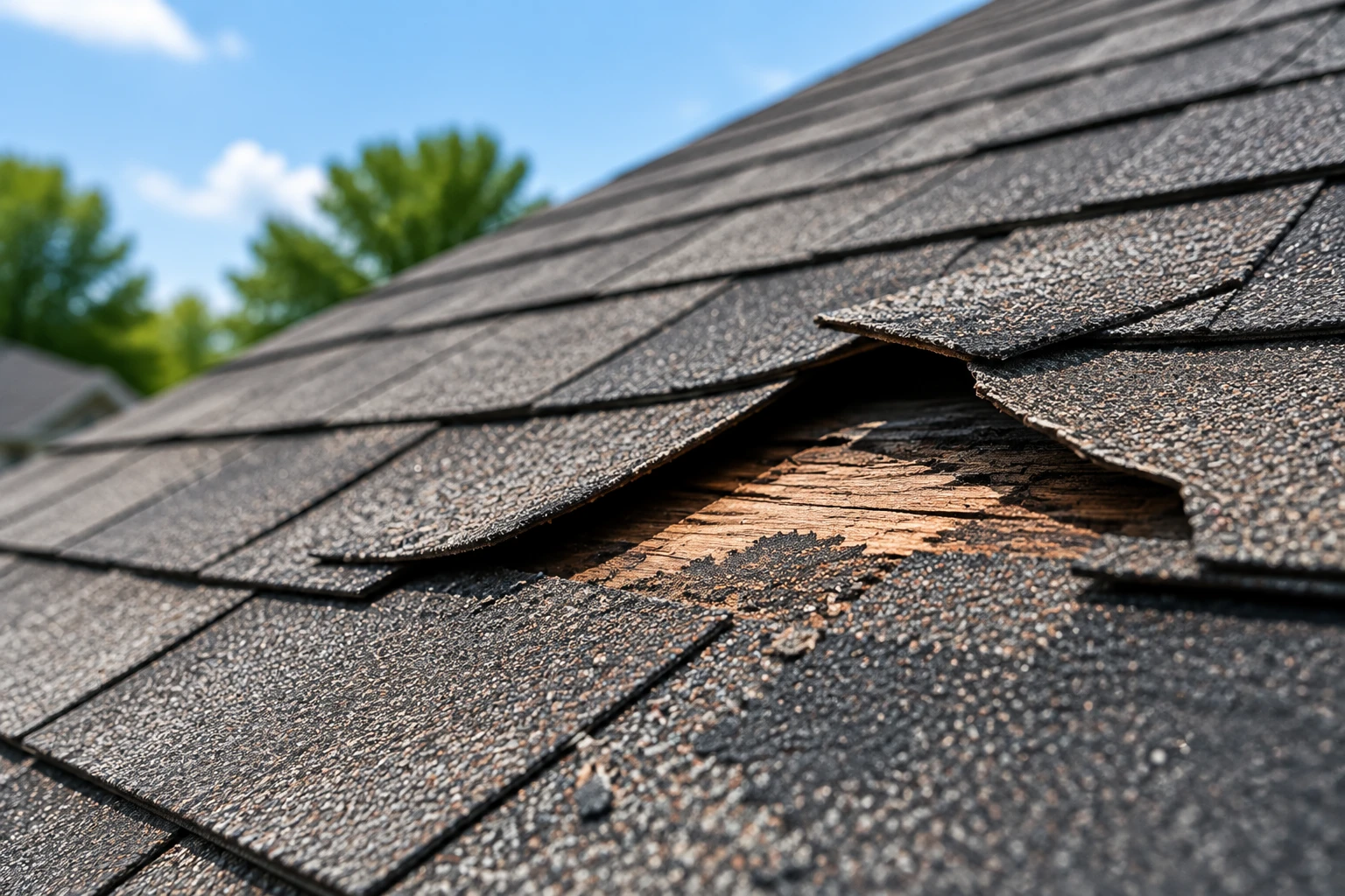 Damaged asphalt shingles showing signs of roof deterioration