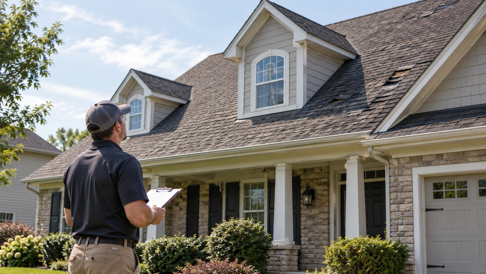 Roofing contractor inspecting an aging residential roof for signs that indicate a roof replacement may be needed.