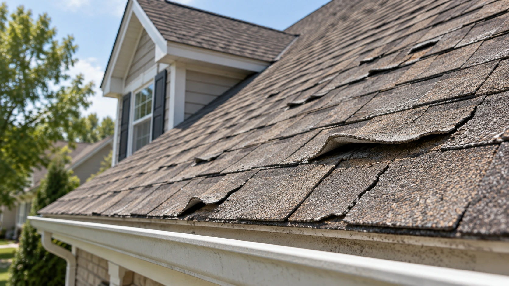 Close-up of curling, cracked, and buckling asphalt roof shingles showing visible roof deterioration.