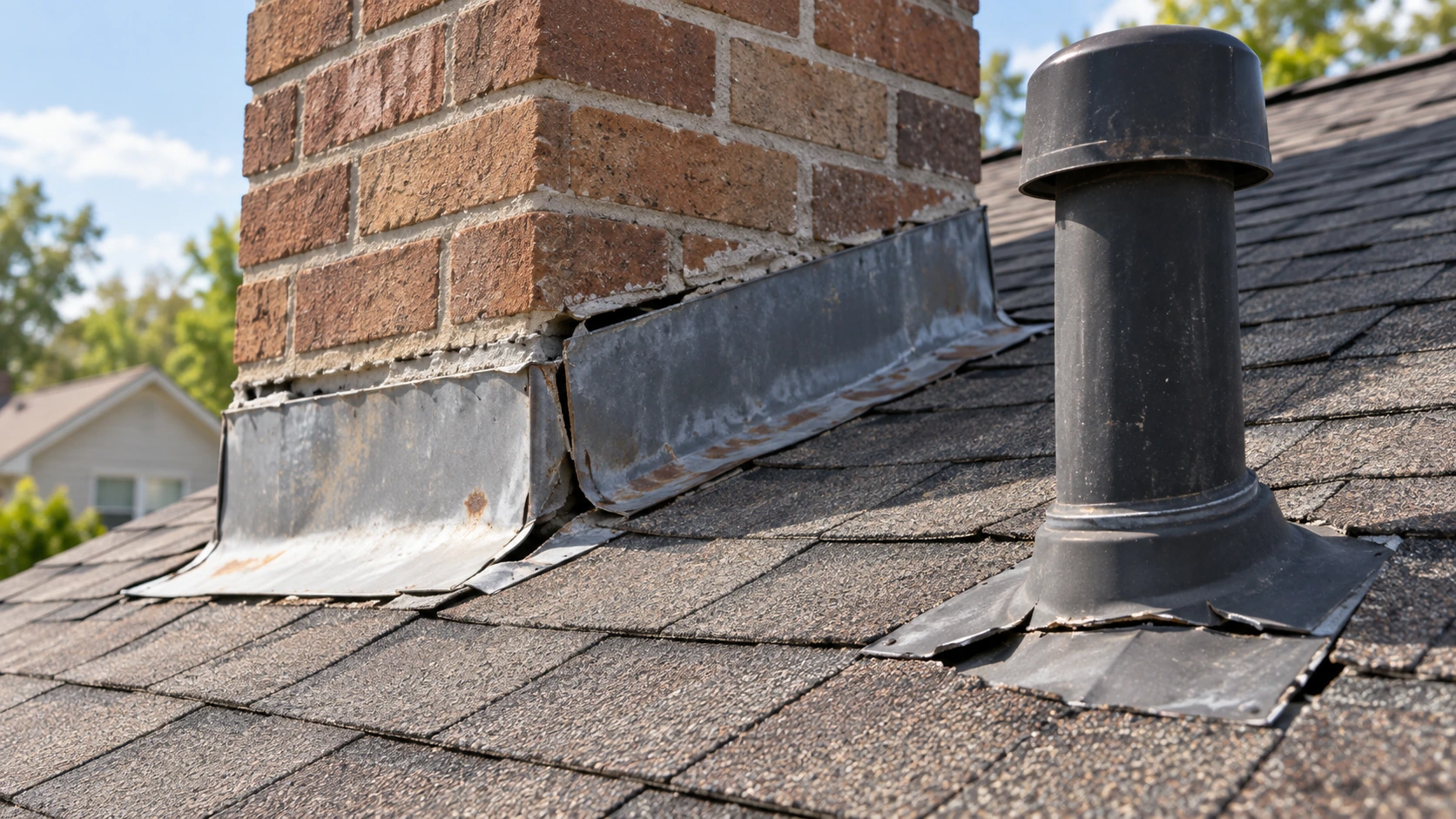 Damaged metal roof flashing around a brick chimney and vent pipe on an asphalt shingle roof.