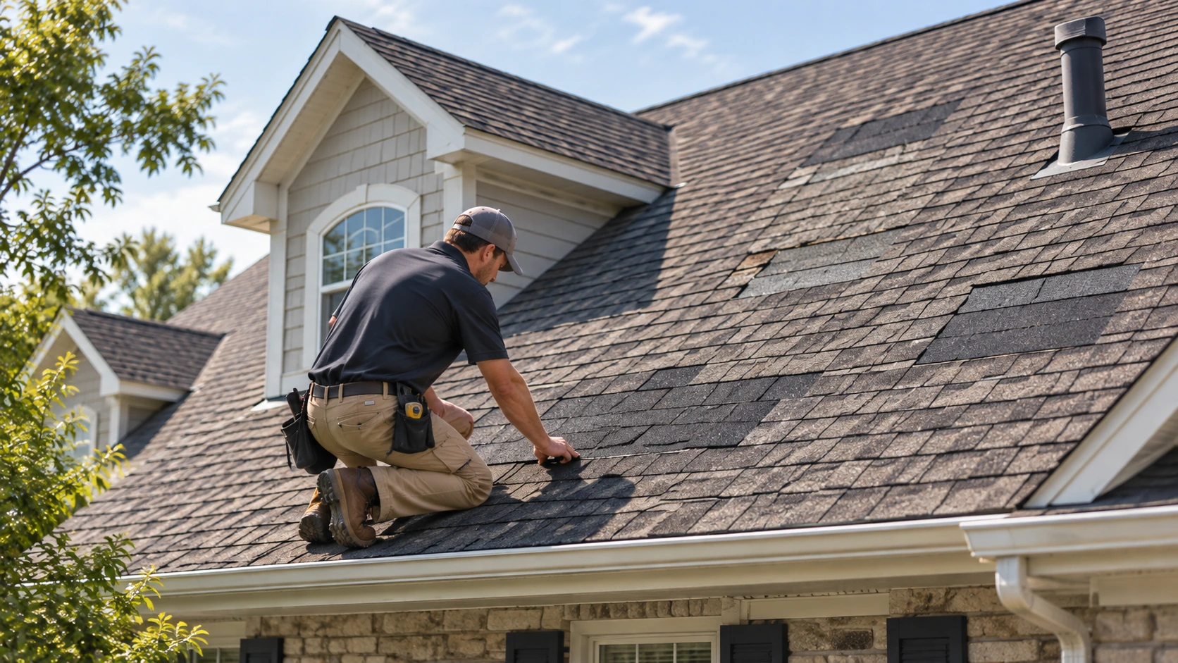Roofing contractor inspecting multiple previously repaired and patched areas on an asphalt shingle roof.