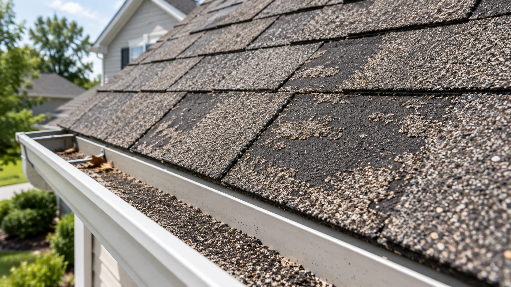 Worn asphalt shingles with heavy granule loss and loose roofing granules collecting inside the gutter.