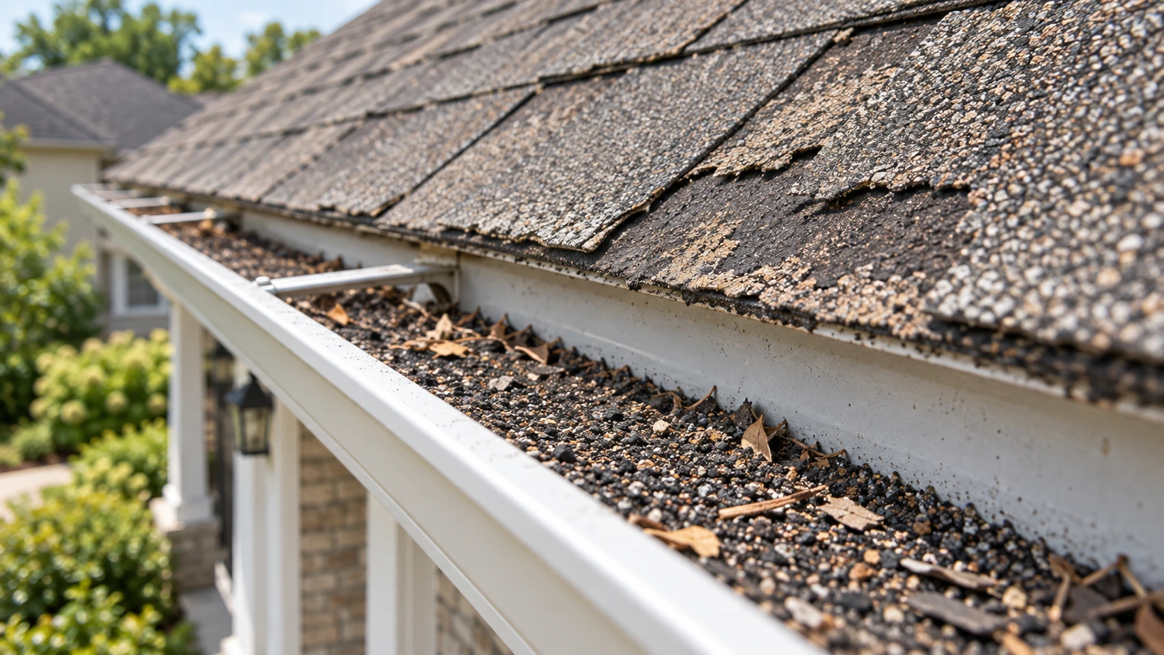 Residential gutter filled with loose asphalt shingle granules and roofing debris from deteriorating shingles.