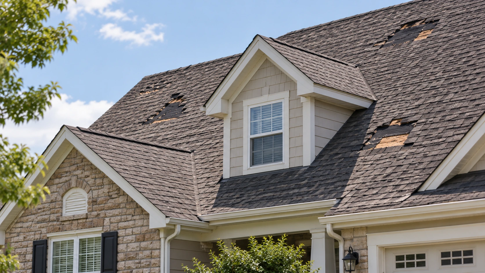 Residential asphalt roof with missing shingles in several areas exposing the roofing material underneath.