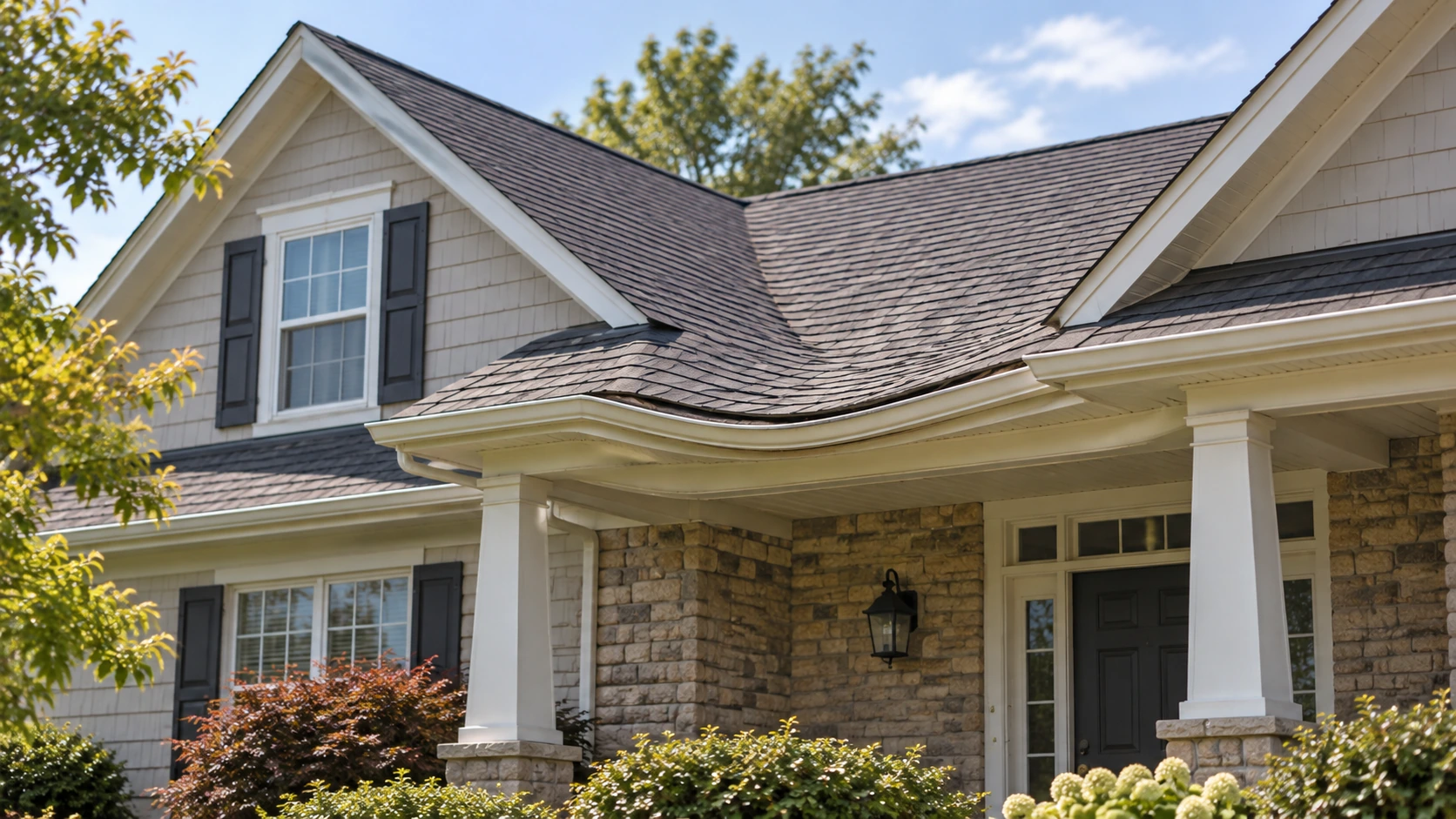 Residential home with a visibly sagging roofline indicating a possible roofing or structural problem.