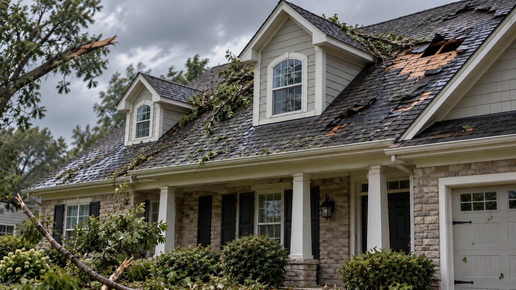 Residential roof with missing shingles, exposed decking, and fallen tree branches after a major storm.