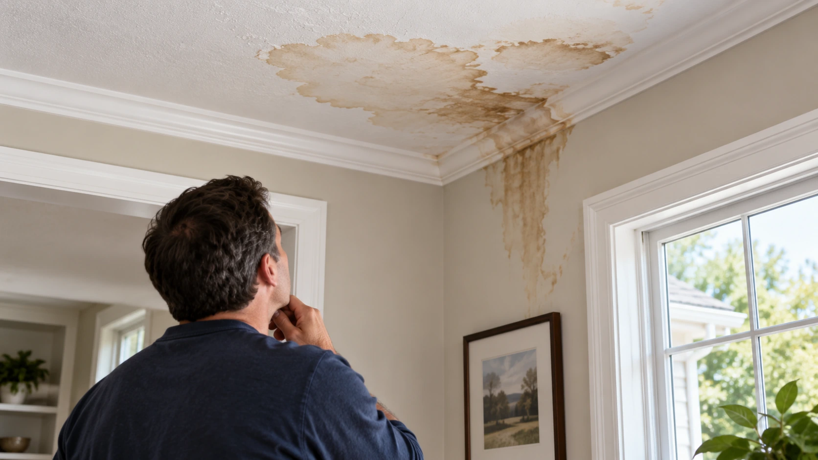 Homeowner inspecting brown water stains on a ceiling and wall caused by possible roof leakage.