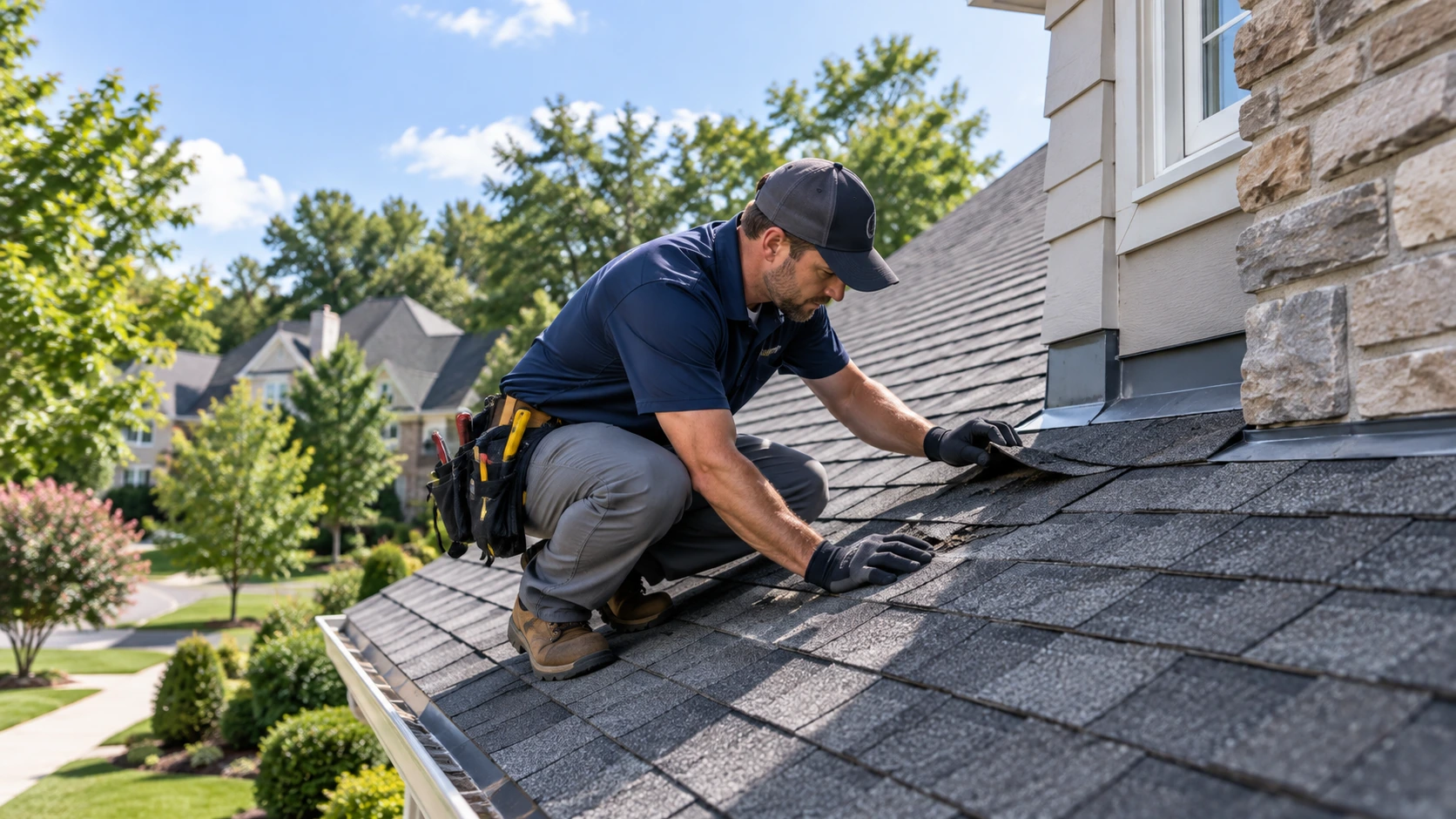 Roofer inspecting a small localized shingle problem before it spreads