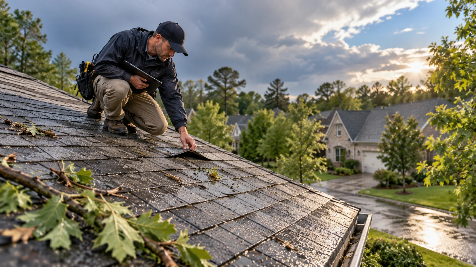 Roofing contractor inspecting subtle storm damage after severe weather