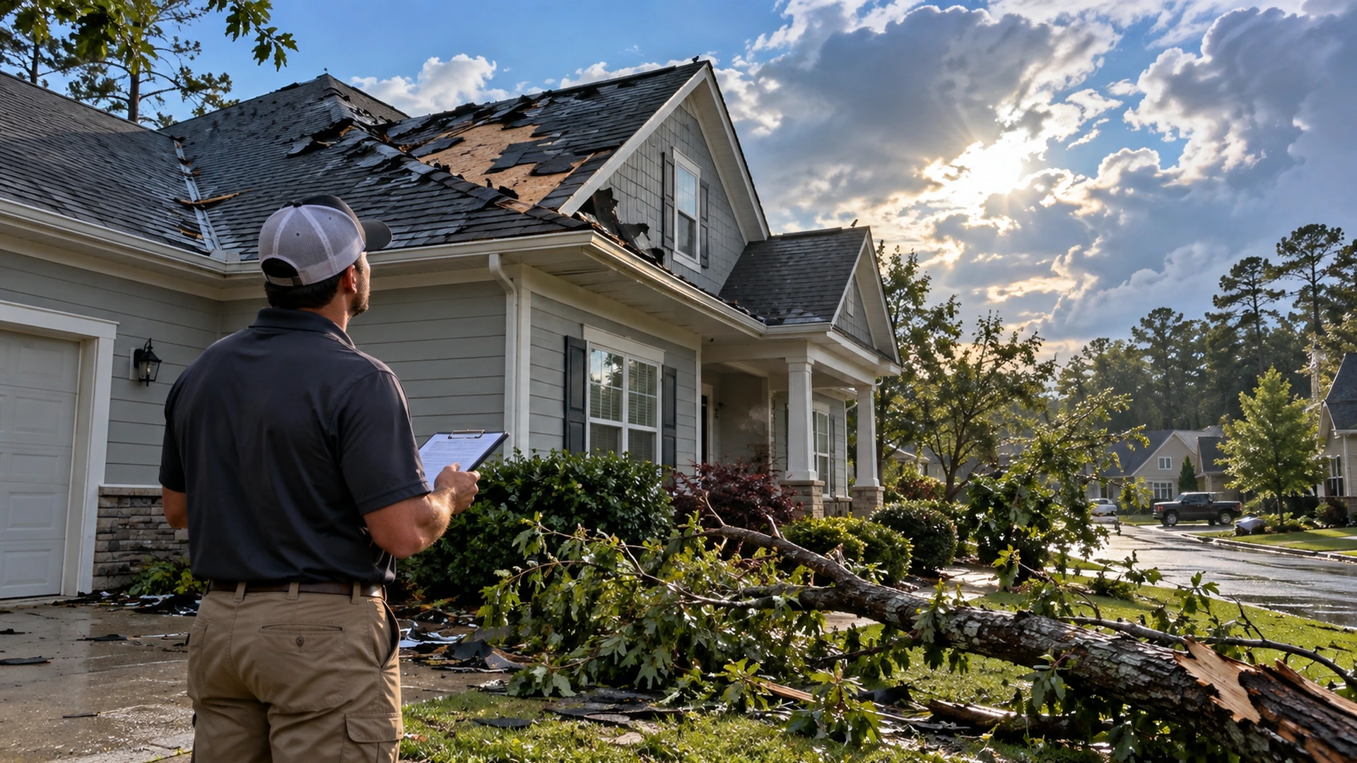 Storm-damaged residential roof with a roofing professional assessing the property after severe weather.
