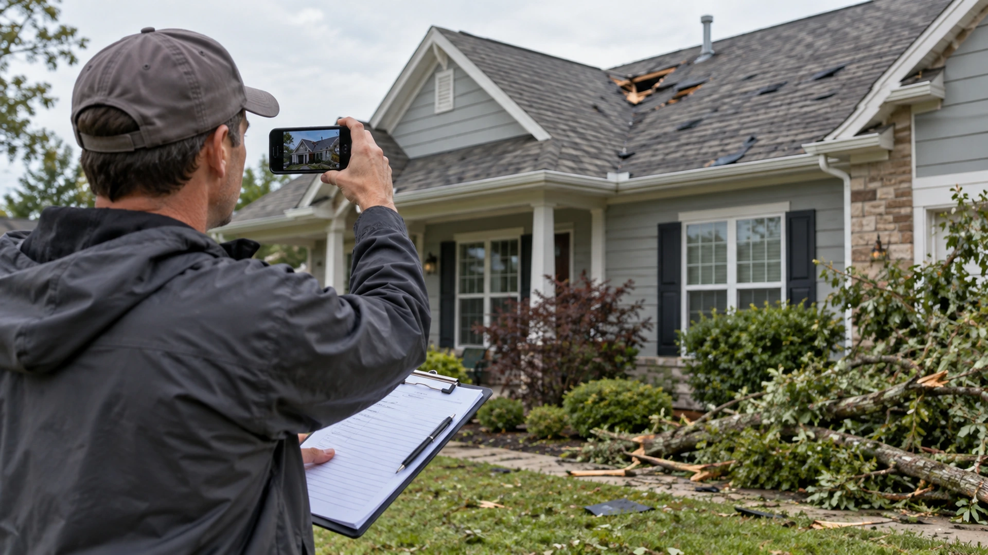 Homeowner documenting storm roof damage with a smartphone and clipboard before repairs begin.