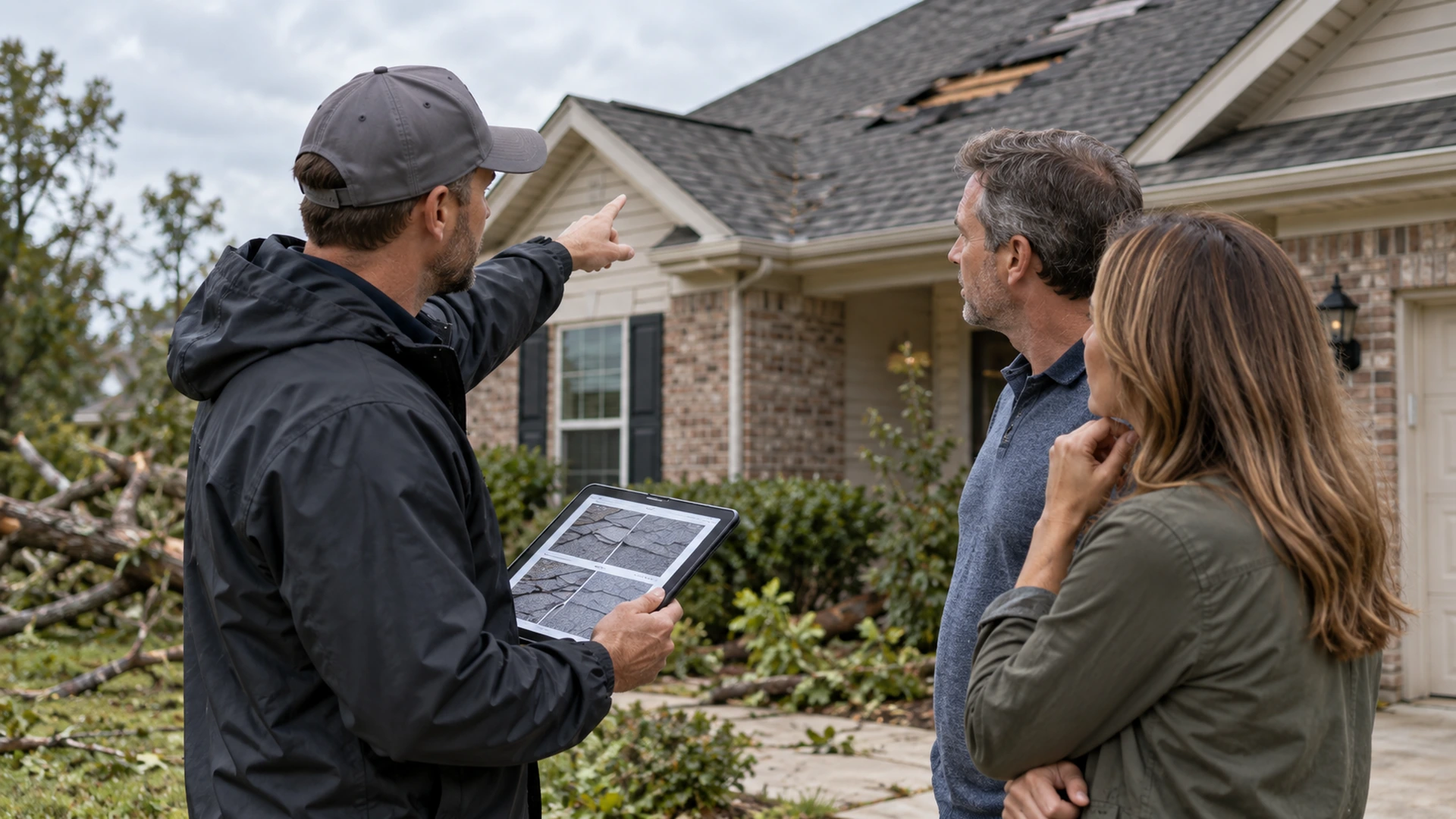 Roofing contractor discussing repair or replacement options with homeowners after storm damage.